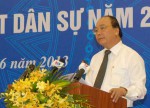 Phó Thủ tướng Nguyễn Xuân Phúc phát biểu tại Hội nghị toàn quốc tổng kết thi hành Bộ luật Dân sự năm 2005, sáng 22/6. Ảnh: VGP/Lê Sơn