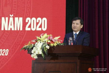 Đồng chí Lê Minh Trí- Ủy viên Trung ương Đảng, Bí thư Ban Cán sự, Viện trưởng VKSND phát biểu chỉ đạo tại Hội nghị triển khai công tác năm 2020
