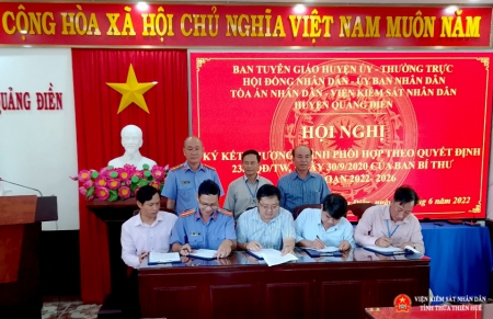 Viện kiểm sát nhân dân huyện Quảng Điền tham gia ký kết Chương trình phối hợp theo Quyết định số 238-QĐ/TW ngày 30/9/2020 của Ban Bí thư