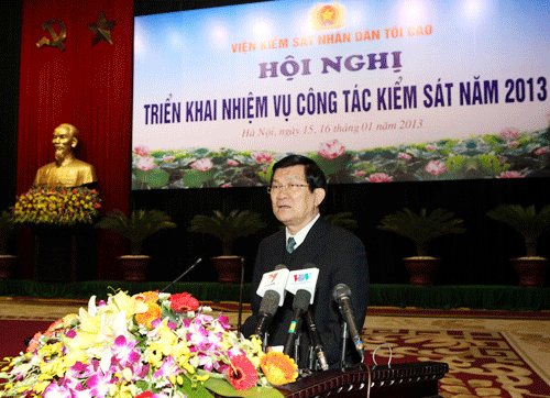 Đ/c Trương Tấn Sang, Ủy viên Bộ Chính trị, Chủ tịch nước CHXHCN Việt Nam, Trưởng ban Chỉ đạo cải cách tư pháp Trung ương phát biểu chỉ đạo Hội nghị