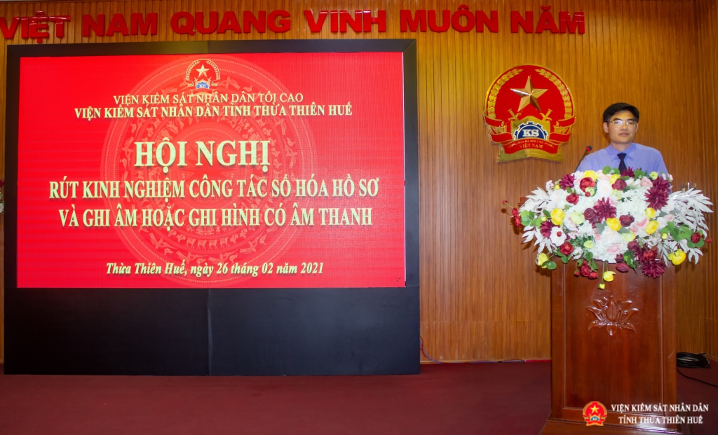 Đồng chí Nguyễn Thanh Hải, Viện trưởng VKSND tỉnh phát biểu tại Hội nghị rút kinh nghiệm công tác số hóa hồ sơ, ghi âm hoặc ghi hình có âm thanh trong hoạt động hỏi cung bị can